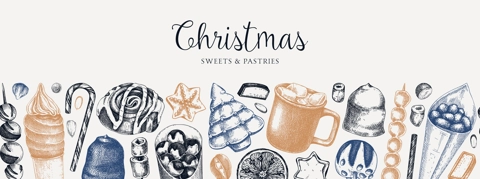 Christmas food background. Christmas market design template. Hand-drawn vector illustration. Hot drinks, candies, cookies, pastries sketches. Winter holiday menu border. Seamless pattern